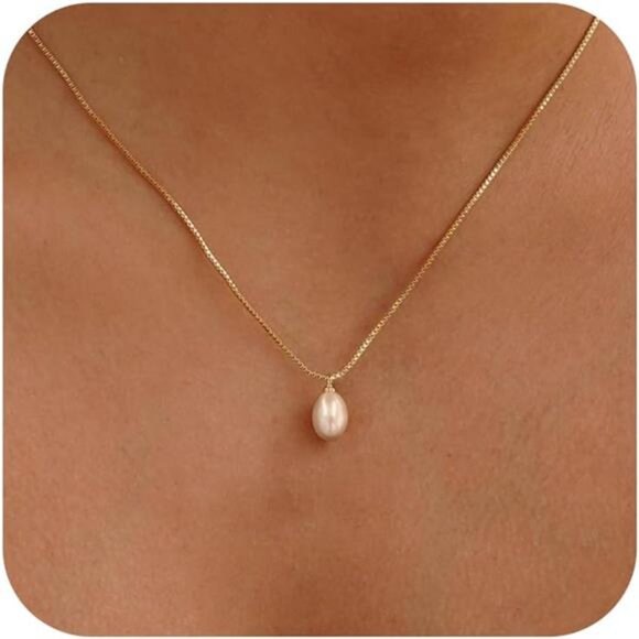 14K Gold Pearl Choker Necklace | Thin Box Chain Adjustable Pendant - Picture 1 of 6
